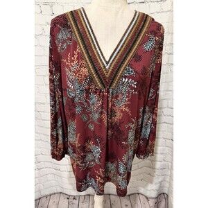 Susan Graver QVC Wine Burgundy Floral Long Sleeve V Neck Blouse Size Large